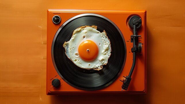 Naklejki Creative Concept of a Fried Egg on a Vinyl Record Turntable with Orange Background