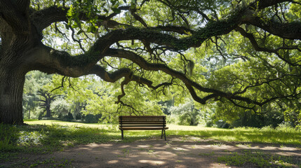 A wooden bench sits under the shade of a large tree with sprawling branches in a peaceful, sunny park.