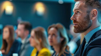 Fototapeta premium Business professionals attentively listening during a corporate presentation or conference, focusing on the speaker.
