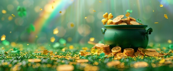 a pot full of gold coins and a rainbow on a green background for St Patrick's Day celebration banner, in the style of copy space concept