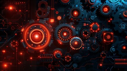 Obraz premium gear wheels, hexagonal shapes, and intricate circuit board designs, symbolizing advanced digital telecom technology and innovative engineering 