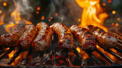 Juicy sausages being grilled over an open flame, with a shallow depth of field