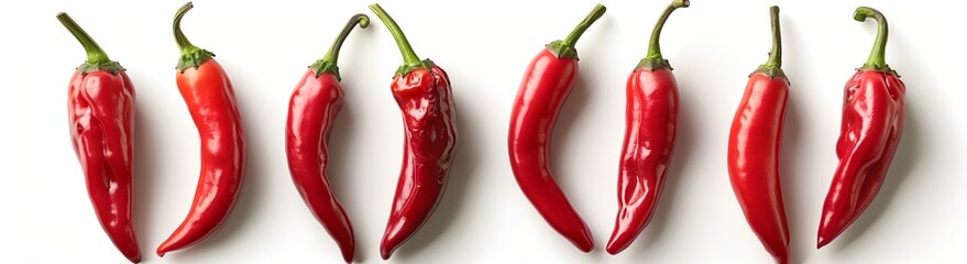 A set of red chili peppers in different positions on a background