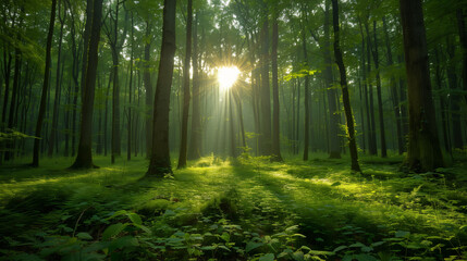 Rays of the sun breaking through the foliage of a beautiful forest. Beautiful background of nature