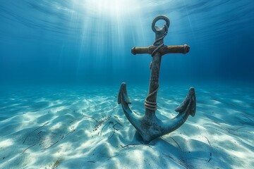 The image showcases a solitary anchor lying on the seabed, bathed in sunlight penetrating the ocean, highlighting the serene underwater landscape around it.