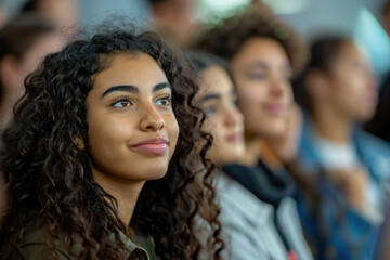 Fototapeta premium Young woman with curly hair attentively listening in a diverse crowd, representing modern diversity and engagement at an event or gathering.