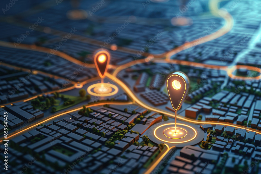 Poster abstract digital city map with glowing navigation pins, representing gps or location tracking techno