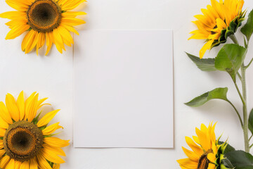 Blank white sheet of paper surrounded by bright yellow sunflowers on a white background for mockups, invitations, or greetings.