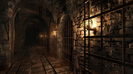 A dimly lit stone hallway with iron bars and old lanterns mounted on the walls. The floor is tiled with large, uneven stones and the passage is long and eerie.