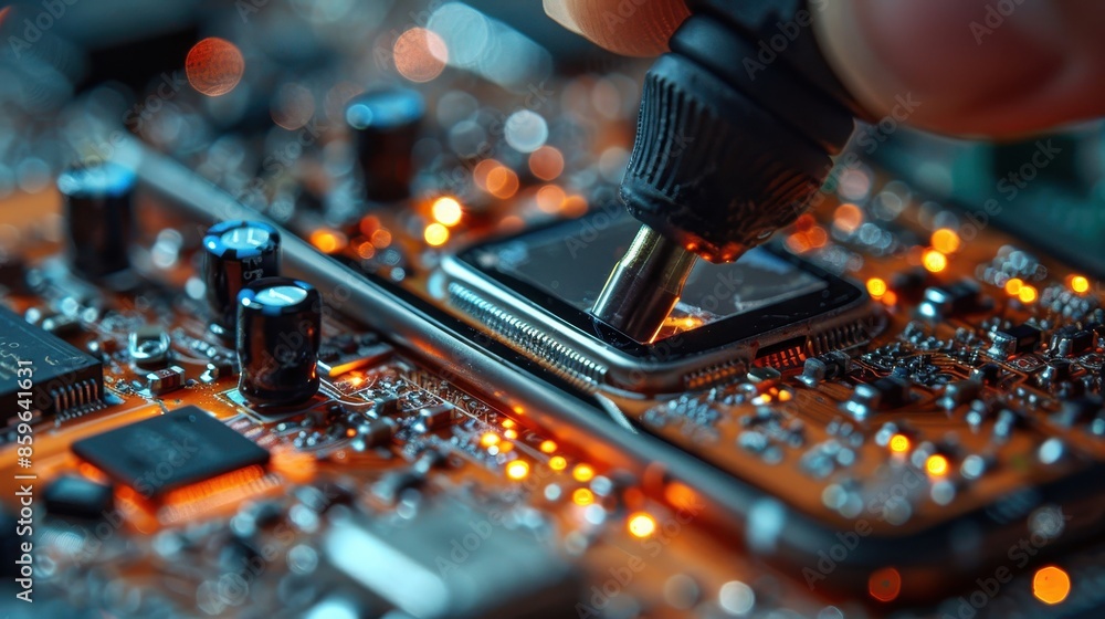 Poster a close-up image showcasing the precise process of a chip being repaired on a circuit board, emphasi