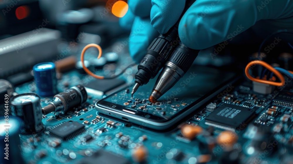 Poster a close-up view of electronic components on a circuit board being tested with specialized tools, hig