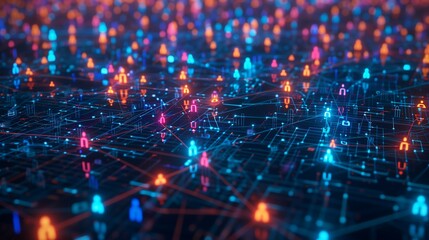 Obraz premium 3D illustration of a virtual cityscape where people are linked by neon lines and nodes, representing online social connections and digital communication