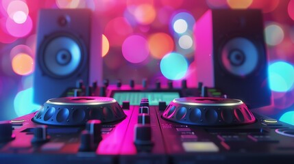 Neonlit speakers with a glowing DJ mixer, colorful bokeh lights in the background, vibrant atmosphere, closeup