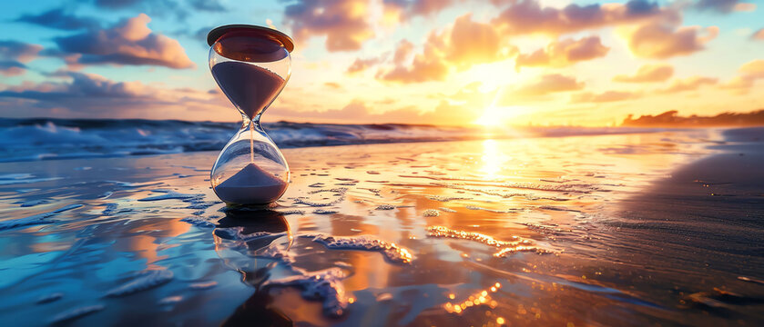 Hourglass with couples on beach, sunset lighting, surreal, time passage theme, high detail