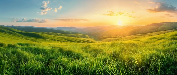 Obraz premium Beautiful green grassy hills with a sunset in the background. Panoramic landscape with meadow and sky