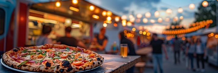 Blurred background of an outdoor food truck festival with people walking around and enjoying various foods