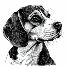 A black and white drawing of a beagle dog