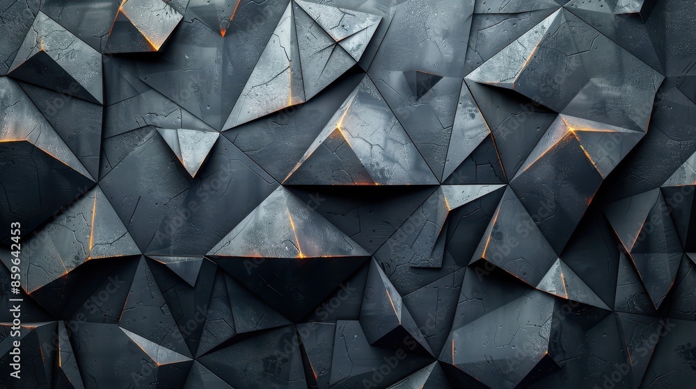 Poster a dynamic image featuring a dark, fragmented geometric surface with illuminated cracks, giving it a 