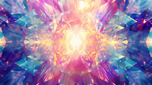 Bright, colorful light shines through many faceted shapes, creating a mesmerizing kaleidoscope effect with pink, blue, and yellow hues.