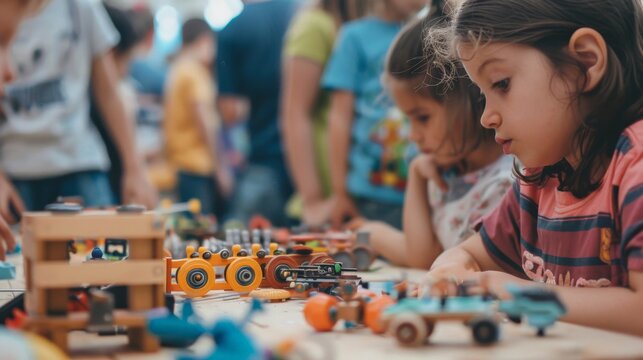 A young girl intently plays with toy cars at a bustling summer festival