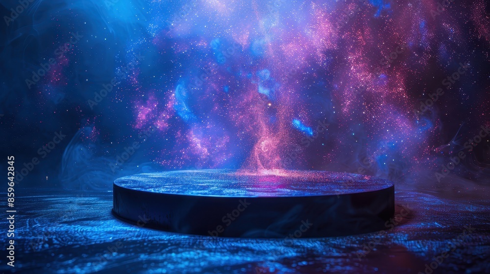 Wall mural a single, circular platform set against a starry cosmic backdrop with vibrant hues of blue and purpl