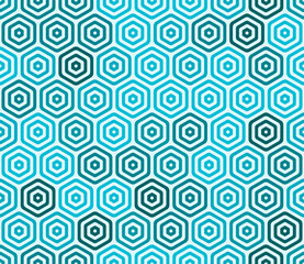 Abstract mosaic background featuring bold, rounded, stacked hexagon cells in cyan color tones. Seamless pattern, tileable vector illustration.