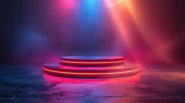 A multi-layered, stepped platform illuminated by vibrant neon lights. The scene is cloaked in purple and blue fog, presenting a dynamic and contemporary visual appeal. - Powered by Adobe