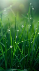 Obraz premium Close-up of green grass blades with dewdrops in morning light, nature detail