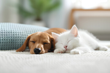 a small brown dachshund and a white Persian cat are nestled together on a pristine white blanket