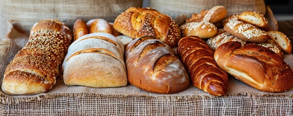 Fototapeta premium A variety of breads are displayed on a table, including bagels, croissants, and rolls