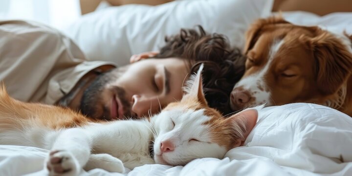 Young man with cat and dog sleeping together on bed
