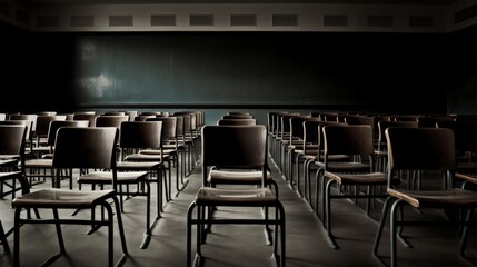 Empty chairs in a classroom, ready for students