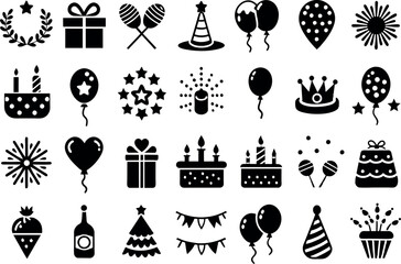 Holiday & Celebration related concept such as Fireworks, balloons, party hats & many more editable stroke outline icons isolated on white background flat vector illustration