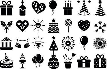 Holiday & Celebration related concept such as Fireworks, balloons, party hats & many more editable stroke outline icons isolated on white background flat vector illustration