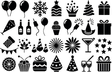 Holiday & Celebration related concept such as Fireworks, balloons, party hats & many more editable stroke outline icons isolated on white background flat vector illustration