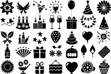Holiday & Celebration related concept such as Fireworks, balloons, party hats & many more editable stroke outline icons isolated on white background flat vector illustration
