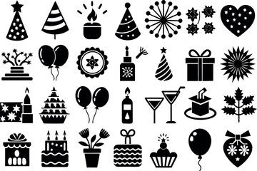 Holiday & Celebration related concept such as Fireworks, balloons, party hats & many more editable stroke outline icons isolated on white background flat vector illustration