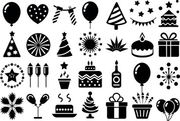 Holiday & Celebration related concept such as Fireworks, balloons, party hats & many more editable stroke outline icons isolated on white background flat vector illustration