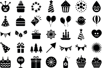 Holiday & Celebration related concept such as Fireworks, balloons, party hats & many more editable stroke outline icons isolated on white background flat vector illustration