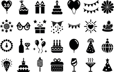 Holiday & Celebration related concept such as Fireworks, balloons, party hats & many more editable stroke outline icons isolated on white background flat vector illustration