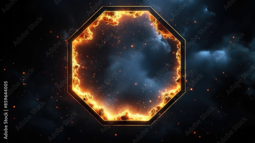Poster glowing hexagonal frame in the clouds. digital art with fiery effect and dark sky. sci-fi and fantas