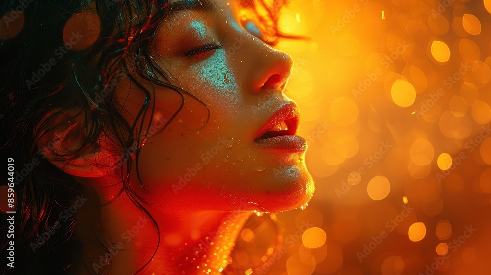 Poster an abstract close-up of a person's face with bright bokeh lights in the background, focusing on the 