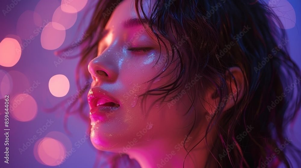 Poster a moody close-up of a person's face surrounded by glowing bokeh lights, emphasizing the interplay of