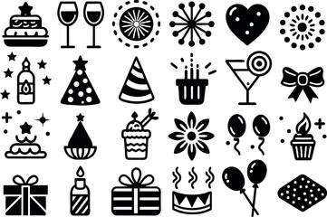 Holiday & Celebration related concept such as Fireworks, balloons, party hats & many more editable stroke outline icons isolated on white background flat vector illustration