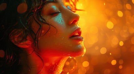Fototapeta premium An abstract close-up of a person's face with bright bokeh lights in the background, focusing on the vibrant color contrast and creating a visually stimulating composition.