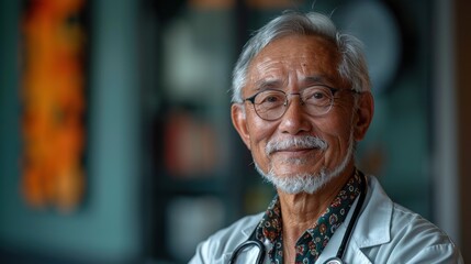 An elderly male doctor, smiling warmly, wears a white coat and stethoscope, standing indoors, symbolizing wisdom, experience, and empathy in the medical profession.