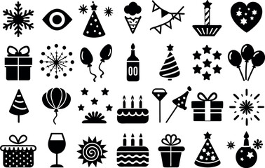 Holiday & Celebration related concept such as Fireworks, balloons, party hats & many more editable stroke outline icons isolated on white background flat vector illustration