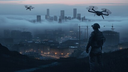 Fototapeta premium A soldier is standing on a rooftop, looking out over a city. There are two drones in the sky and fog covering the lower parts of the city.