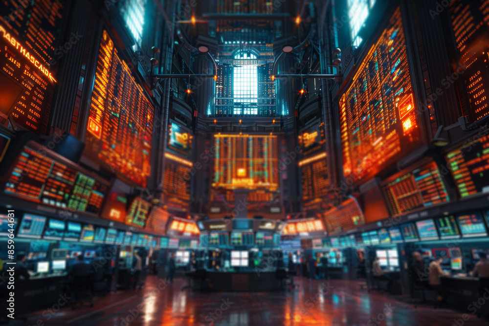 Poster a bustling stock exchange floor with traders intensely focused on monitors. concept of finance and b