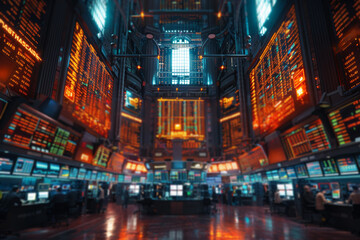 A bustling stock exchange floor with traders intensely focused on monitors. Concept of finance and business dynamics. Generative Ai.